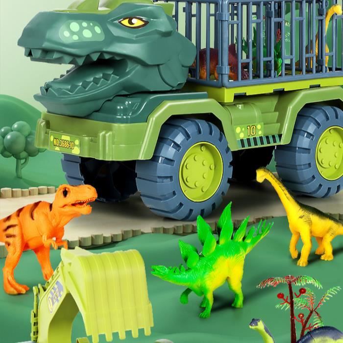 Camion Dinosaure – 12 Figurines (6 Dinos + 6 Animaux) – Porte Transparente, Poignée – Cadeau Garçon Fille 3-7 Ans