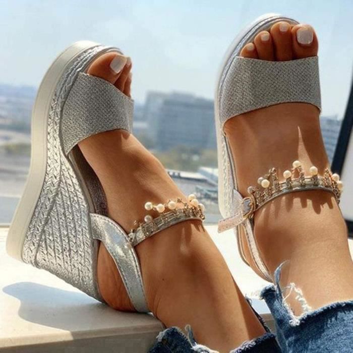 Sandale Femme Talon Compens Chunky MINETOM Argent Boucle de