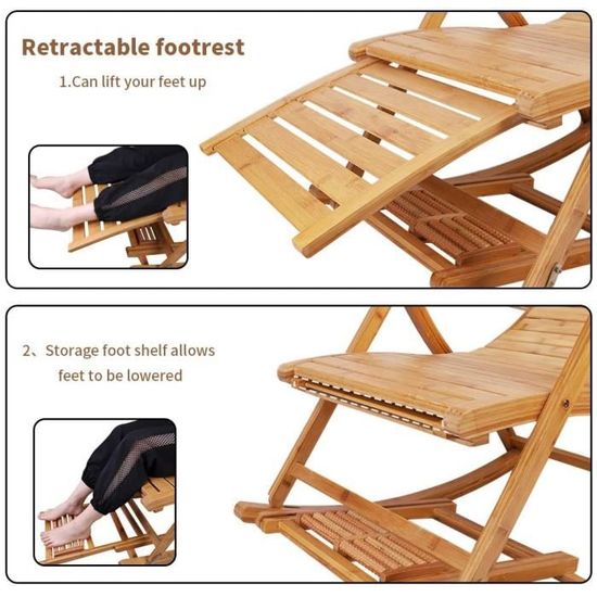XITER Chaise de détente en bambou relaxante portable avec accoudoirs et repose-pieds de massage évolutif Fauteuils inclinables réglables pour adultes