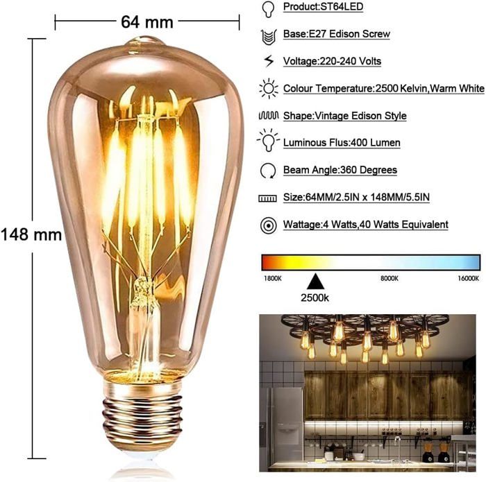 Ampoule LED Vintage Edison E27 Lampe Incandescente Rétro 4W Lampe Diamant Spirale Décorative