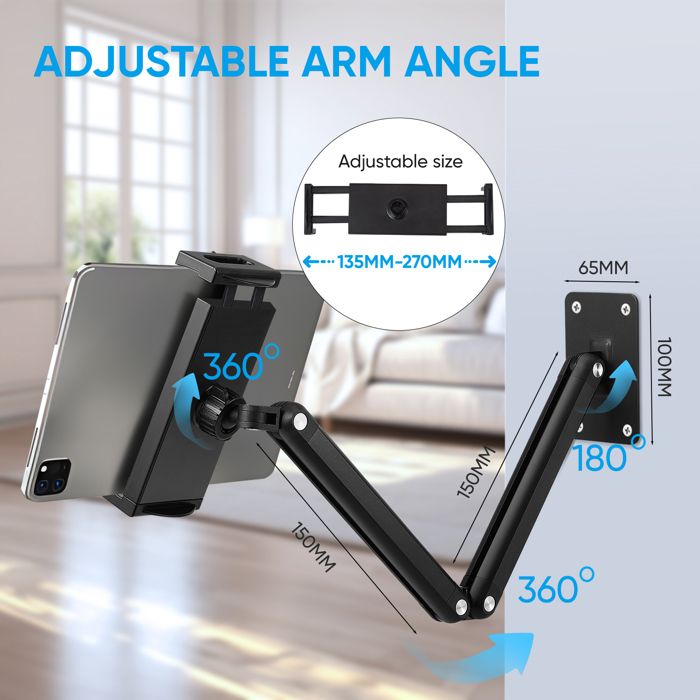 Support Mural Tablette Aluminium Pliable 360° - Support IPad Rotatif Universel 4,7 à 13.5 Pouces - Fixation Murale Solide