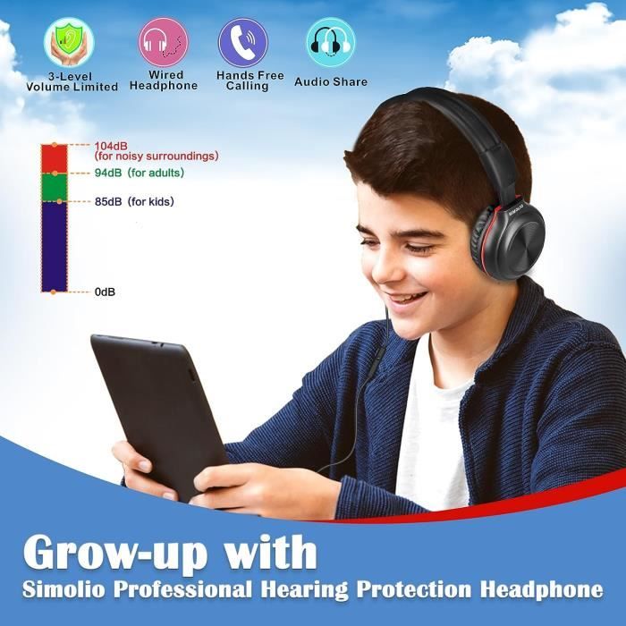 Casque d’écoute pour enfants avec microphone pliable 85/94 dB, commande de  volume, bleu (adaptateur USB-C fourni)