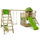FATMOOSE Aire de jeux Portique bois JazzyJungle avec balançoire SurfSwing et toboggan vert pomme Maison enfant extérieure