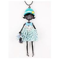 Collier sautoir créateur 'Lilipoupettes' (poupée articulée) turquoise noir - 80 cm, 11x5 cm [R6263]