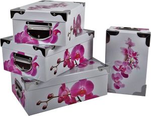 BAC DE RANGEMENT OUTILS Orchide Lot De 4 Boites de Rangement en Carton Imprim Orchide avec Angles et Poignes en Mtal Tailles
