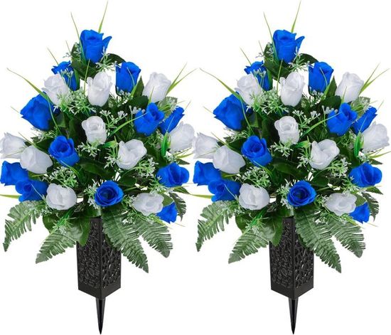 Lot De 2 Bouquets De Roses Artificielles Avec Vase Pour Cimetière - Décoration Blanche Résistante Aux Intempéries