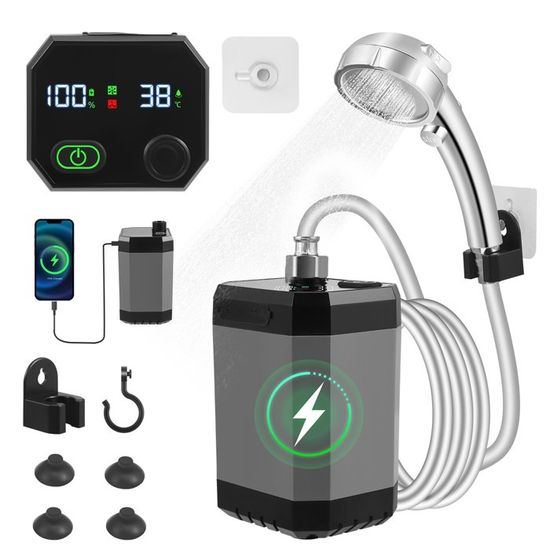 Douche De Camping WADEO Rechargeable 3000mAh – Pommeau Avec Affichage Température, 3 Modes, Seau Pliable 20L Inclus