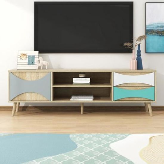 Meuble TV En Pin Massif 103x36.5x52 Cm - 2 Portes + 4 Niches Ouvertes - Style Rustique Moderne - Support Mural Inclus - 3
