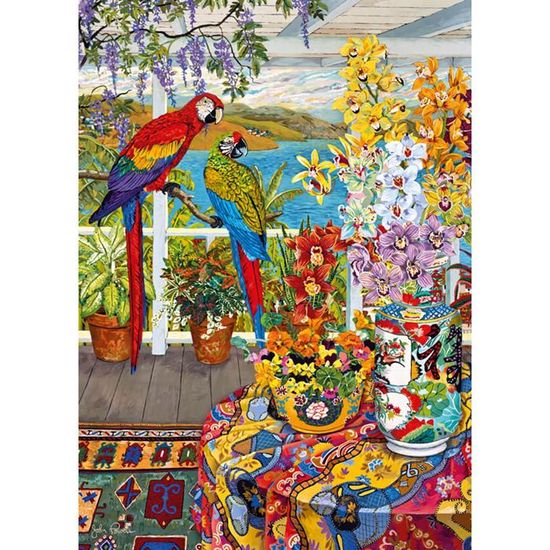 Puzzle 1000 Teile 'Perroquets Sur La Véranda' – 70x50 Cm, Exotische Papageien & Blumen-Motiv