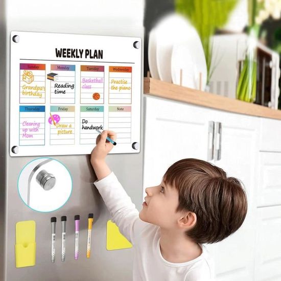 Tableau Magnétique Frigo LVNRIDS 42x30cm - Planning Semaine Effaçable - 6 Marqueurs Inclus - Français - Transparent