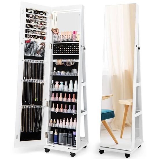 Armoire à Bijoux à Roulettes Hauteur Réglables, Miroir Pleine Longueur Avec Lumières LED(blanc) - Psyché