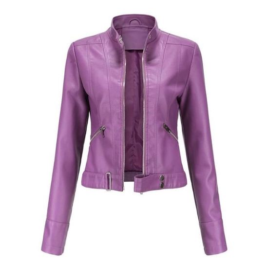 Blouson Court Simili Cuir Femme INSFITY - Violet - Coupe slim - Col montant - Fermeture éclair Violet - Prêt-à-Porter