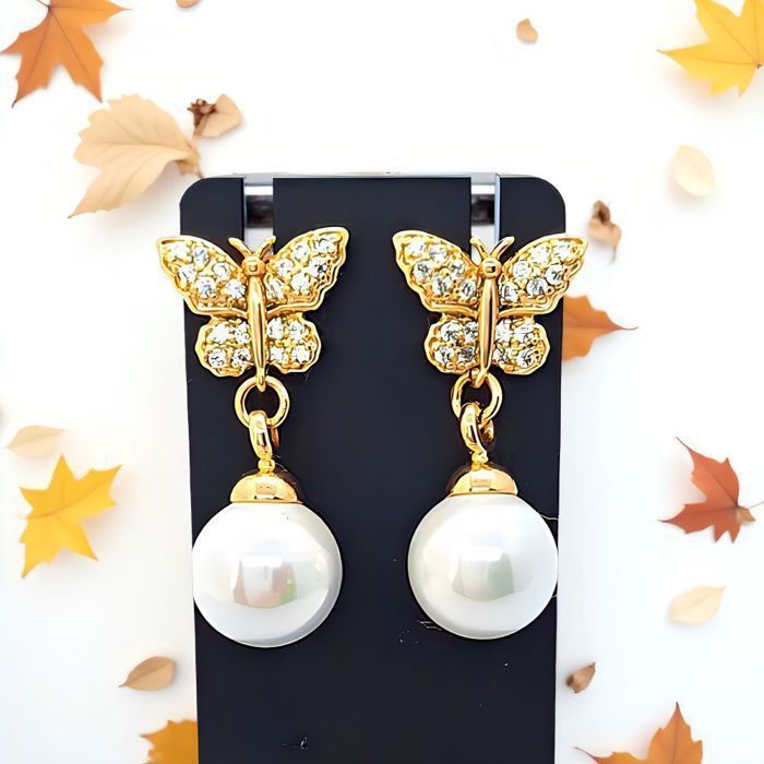 Boucles dOreilles - Femme - Puces - Papillon - Perle - Plaqué Or Jaune 750/1000 - 3 Microns - 22 x 10 x 8 mm