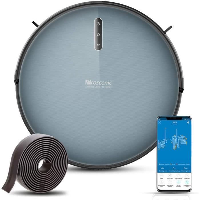 Proscenic Aspirateur Robot 830T, Connecté Wi-Fi et Alexa, avec réservoir d'eau 350ML, Nettoyage Efficace sur Programmation, Aspirati