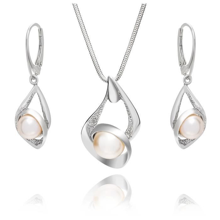 LillyMarie Femme Ensemble de Bijoux Vrai Argent Pendentif Perle Swarovski Elements Originaux Blanc Longueur Réglable Boîte Cadeau