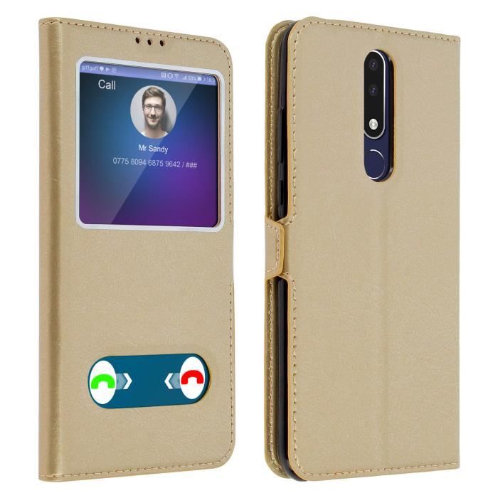 Housse Nokia 3.1 Plus Étui Double Fenêtre Fonction Stand - Or Jaune