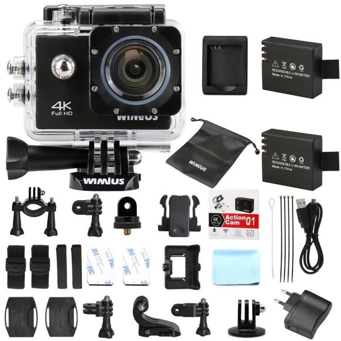 Caméra Action Sport 4k Full HD 16MP WiMiUS Q1 Caméra Embarquée Etanche 40M Grand Angle 170° Kit d'accessoires + 2 Batteries (Noir)