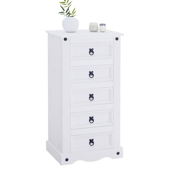 Chiffonnier RURAL commode en bois style mexicain avec 5 tiroirs, en pin massif lasuré blanc
