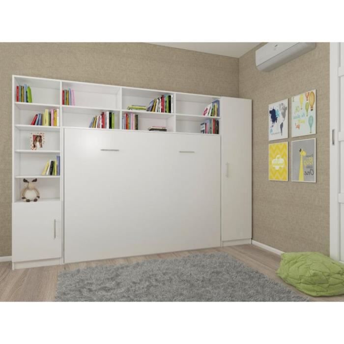 Composition armoire lit horizontale STRADA-V2 blanc mat Couchage 140cm avec surmeuble et 2 colonnes rangements - - Inside75