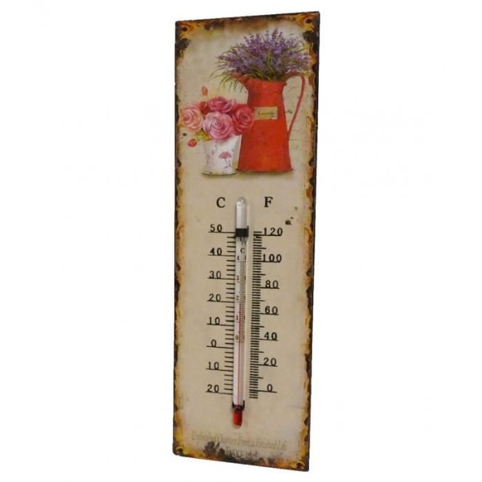 Thermomètre Mural ou à Poser Décoratif en Celsius et Farenheit Motif -Floral Ancien- en Fer et Papier Vernis 0,5x8x25cm Multicolore