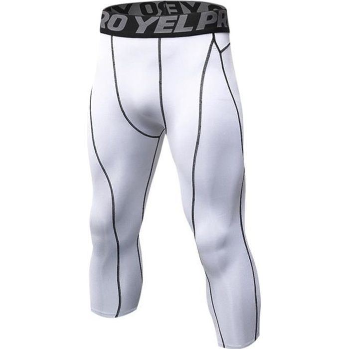 Homme Collant Running Fitness Pantalon de Compression 3-4 Capri Legging Sport Collants Baselayers Blanc S