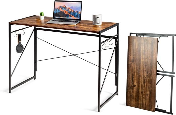 giantex bureau informatique pliable en bois-100x 50 cm-avec 6 crochets amovibles-cadre en métal-table d'ordinateur industrielle