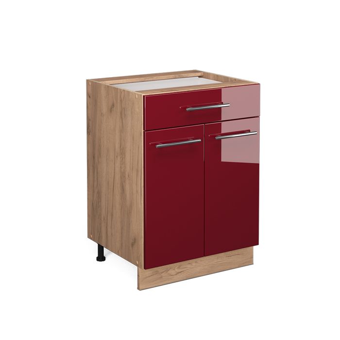 Meuble cuisine Fame-Line 60cm avec tiroir sans PT Rouge bordeaux Haute brillance/Chêne de force doré Vicco 38336