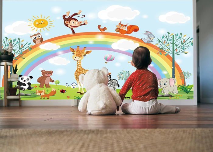 Papier Peint panoramique animaux de dessin animé soie 350x256cm papier ...
