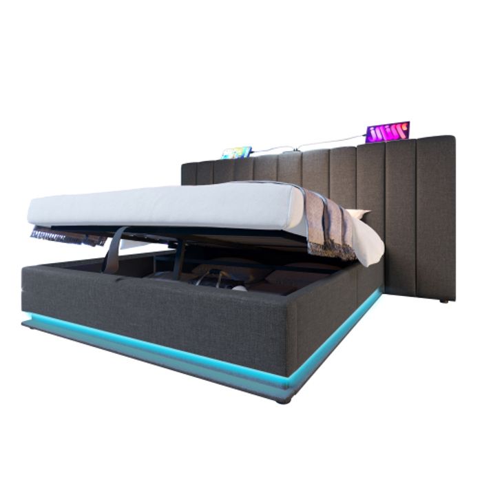 Lit coffre adult double 180x200 cm sommier inclus-APP Control LED et fonction de chargement USB - C pu Gris