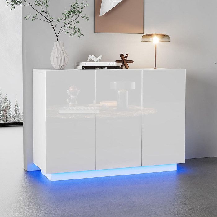 Armoire de salle à manger brillante Buffet avec LED commode Armoire - SWEIKO - Blanc 120x40x75CM Armoire de salle à manger brillante Buffet avec LED commode Armoire - SWEIKO - Blanc 120x40x75CM