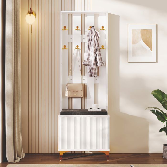Vestiaire dentrée avec banc à chaussures et coussin Meuble a chaussures avec crochets Meuble entree en blanc 60.5x35.2x180.5 cm