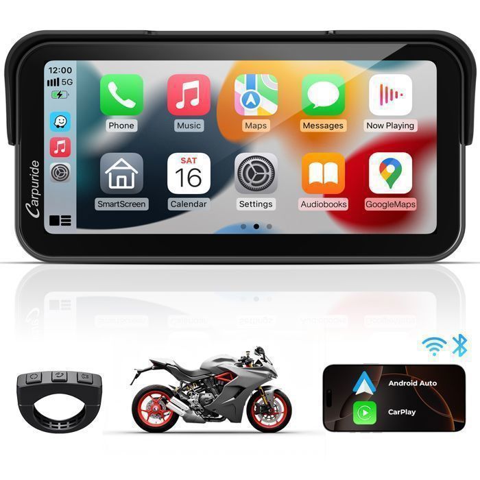 Carpuride W603 Autoradio 63écran moto CarPlay sans fil et Android Auto Écran tactile étanche IP67 commande filaire navigation