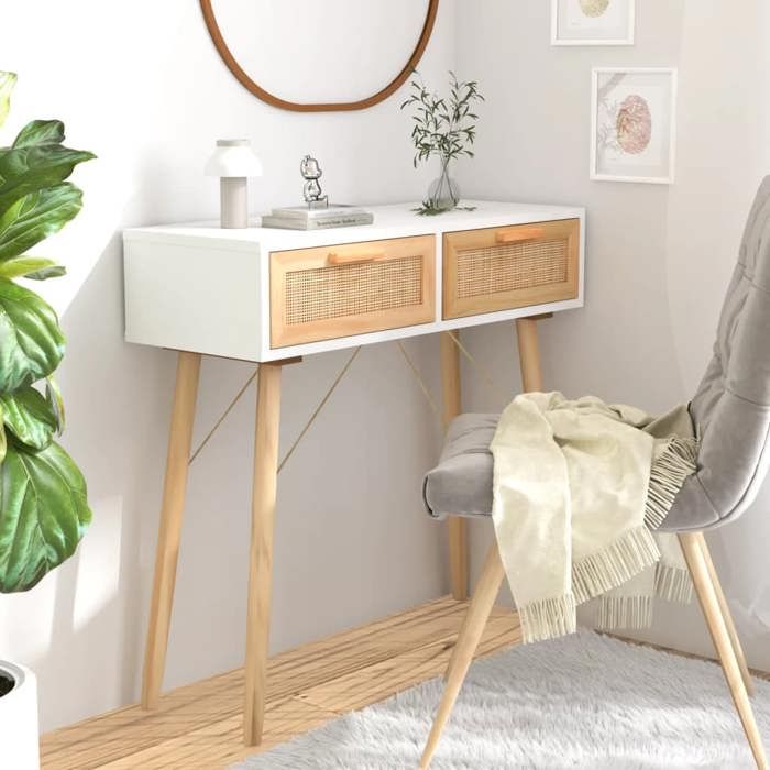 SALE 2025Table console - Table d’appoint Scandinave - Blanc 80x30x75 cm Bois massif pin /rotin naturel1235 Kg 1705