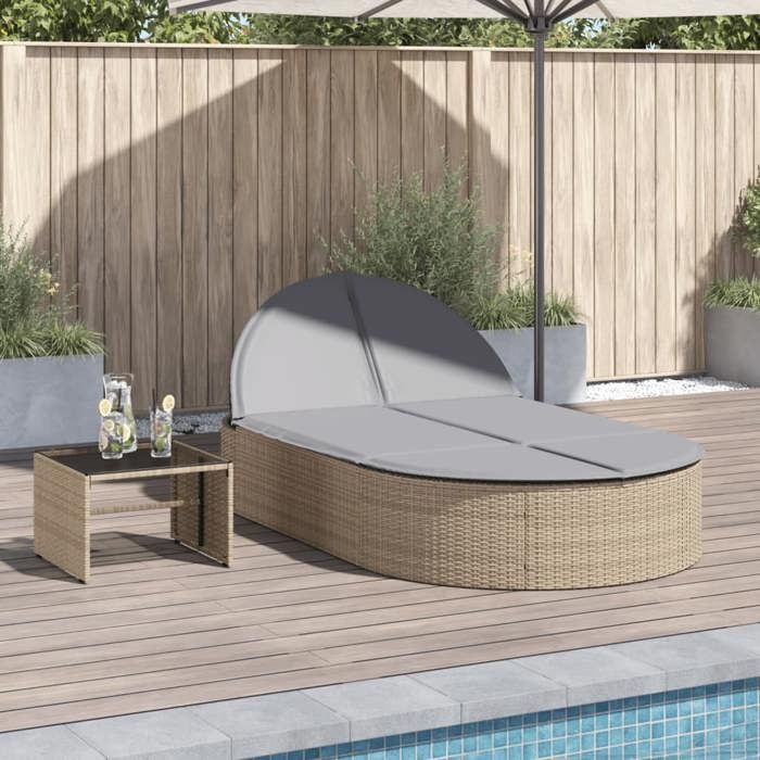 Chaise longue double avec coussins-Bain de soleil beige résine tressée 227156