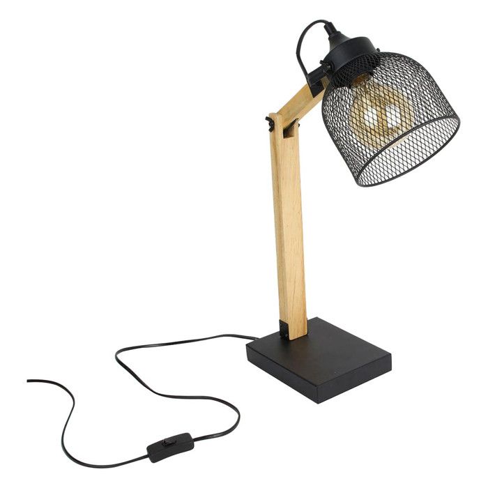 Lampe à Poser Style Industriel Grille Métal Noir et Bois - HERVIC
