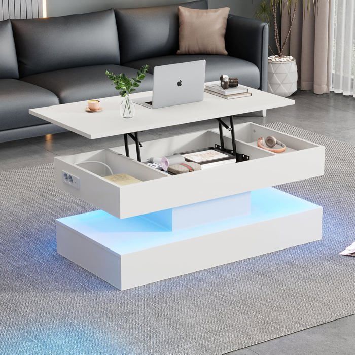 Lemonbest Table basse LED relevable 100 x 50 x 42 cm Table de Salon brillante avec Prise EU Intégrée et Rangement Caché - Blanc