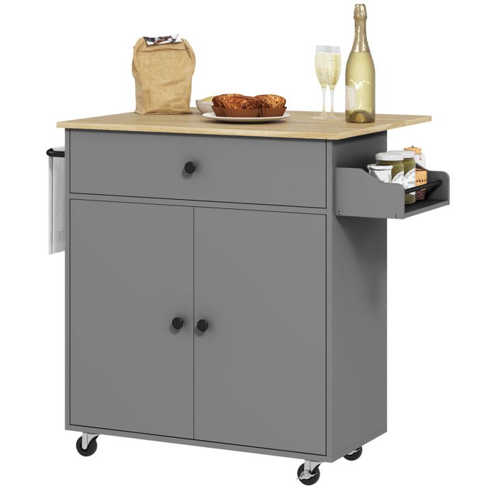 Desserte de cuisine sur roulettes - HOMCOM - tiroir étagère réglable support à épices et porte-serviette - gris