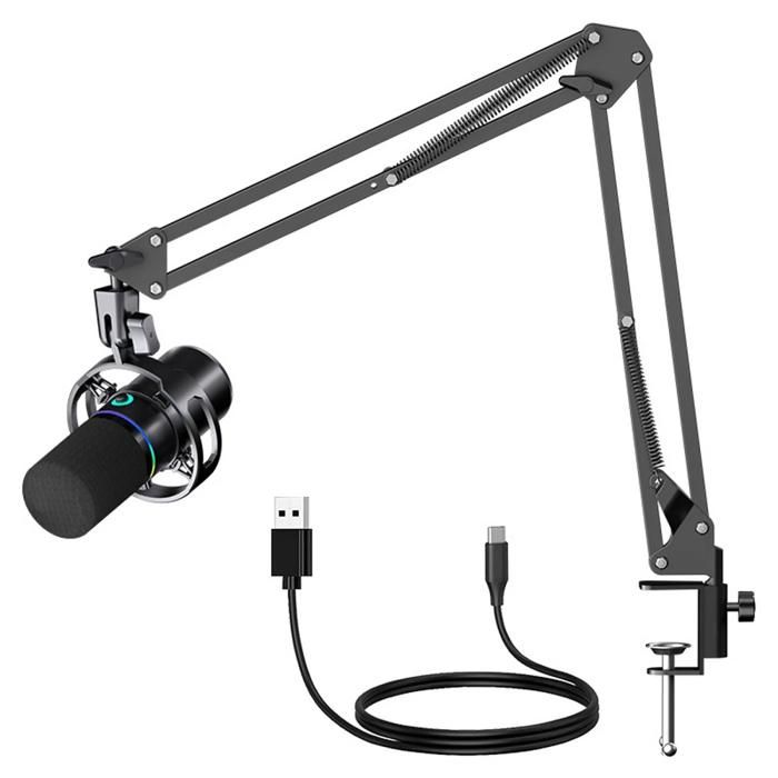 Microphone dynamique USB éclairage RGB qualité audio haute définition contrôle du volume support réglable noir