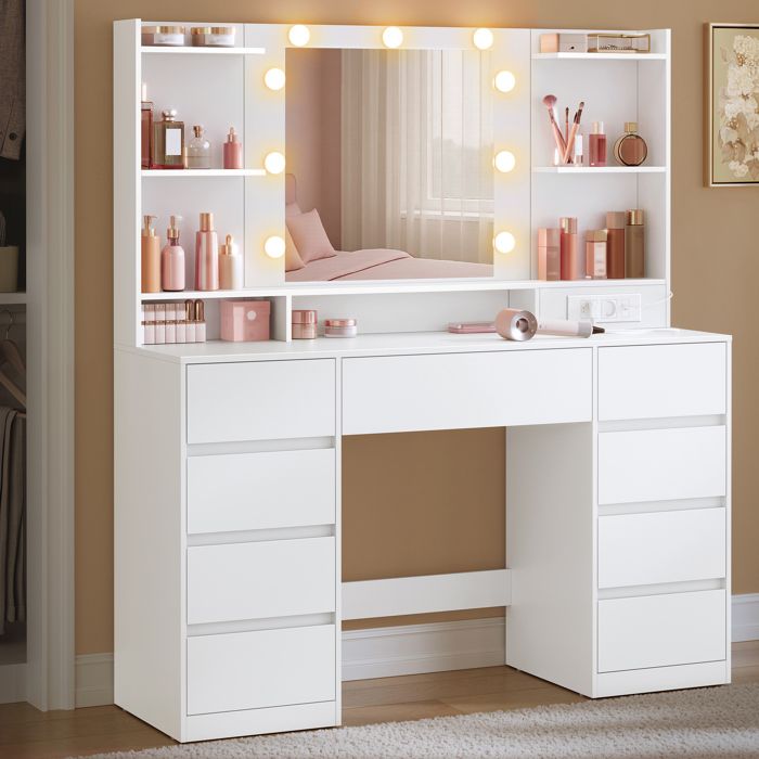 VASAGLE Coiffeuse avec Miroir LED Multiprise 9 Tiroirs 9 Ampoules Rangement Bijoux Installation des Rails sans Outils Blanc