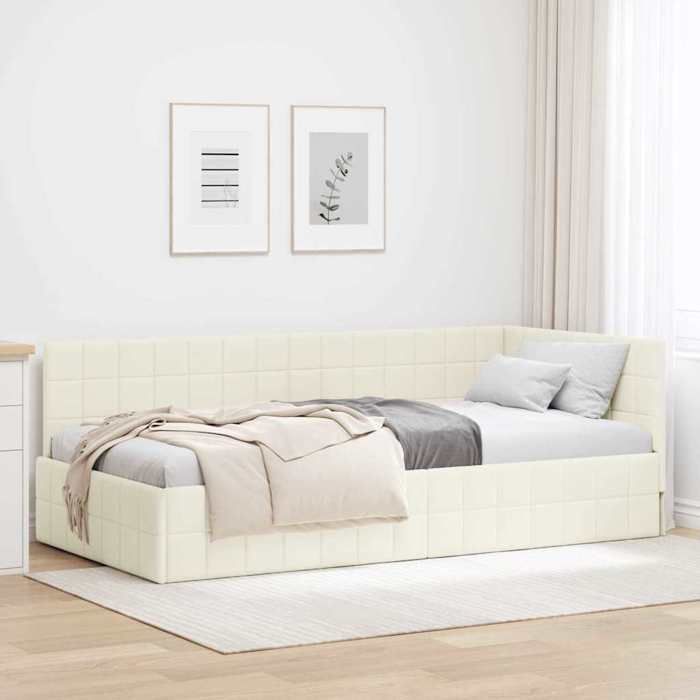 Structure de lit dangle - UU - 90x190 cm - Velours - Crème - Design en L - Cadre à lattes - Poids maximal 140 kg