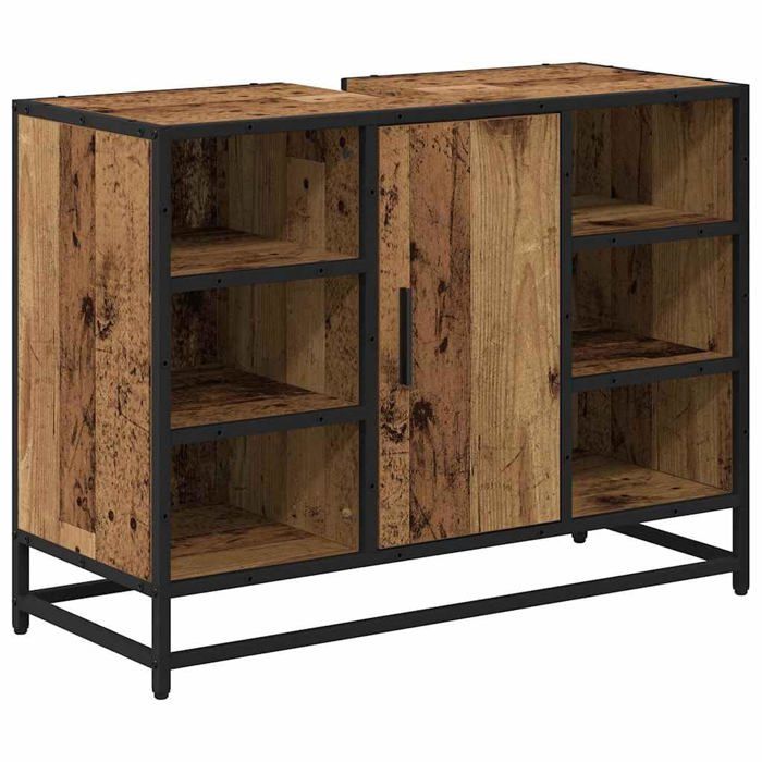 Meuble de lavabo en bois ancien - vidaXL - 80x33x60 cm - Bois dingénierie - Avec étagère - Avec porte - Montage au sol