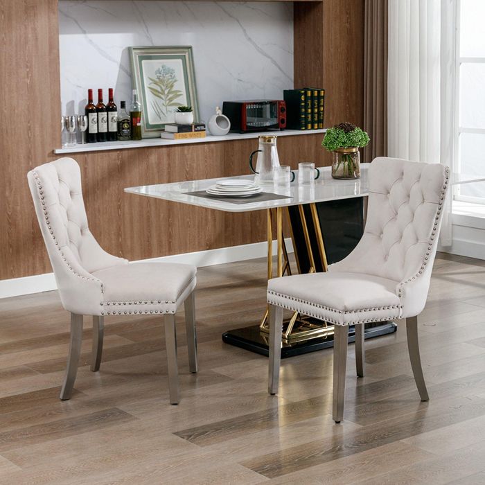 Lot de 2 Chaises de Salle à Manger Chaise de Cuisine Dossier à Ailes Pieds en métal argenté Rembourrée Beige velours