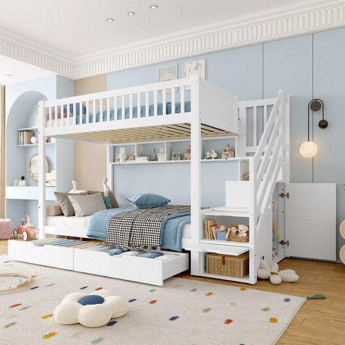 Lit Superposé Enfant 90x200 cm en Pin avec Commode Intégrée Escaliers de Rangement Armoire et 4 Étagères Blanc (sans matelas) Lit Superposé Enfant 90x200 cm en Pin avec Commode Intégrée Escaliers de Rangement Armoire et 4 Étagères Blanc (sans matelas)