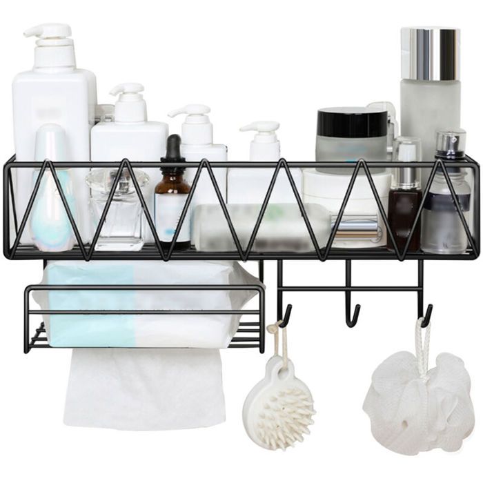 Etagère de Rangement de Douche - Panier Salle de Bain sans Perçage - Étagère Murale Noire de Rangement pour Douche & Baignoire ave