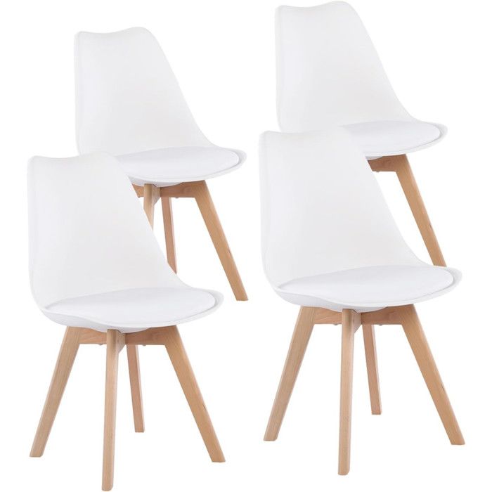 4 Chaises Tulipes Salle à Manger Scandinaves Bm Home Salle de Bureau Pieds en Bois de Hêtre Massif BLANCHES