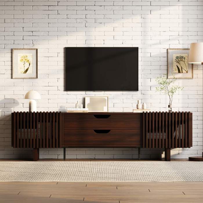 Meuble TV en bois 180 x 40 x 45 cm Meuble tv bas avec deux tiroirs et deux portes pour téléviseurs jusquà 75 pouces Noyer Foncé