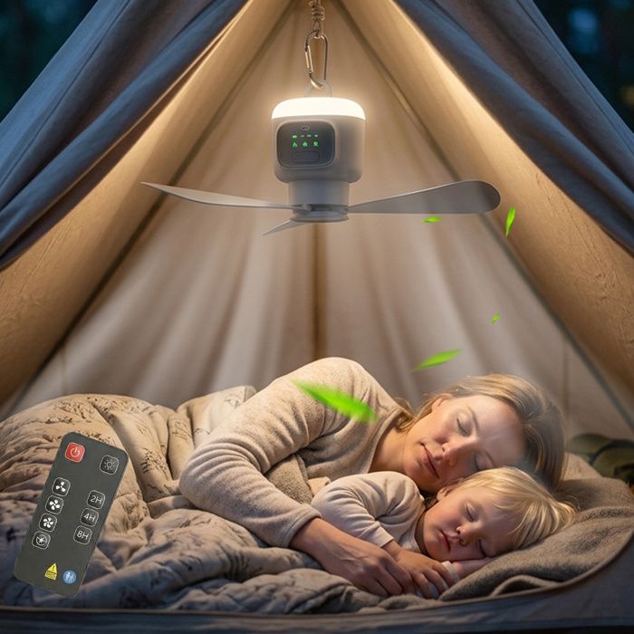 Ventilateur de plafond portable rechargeable à quatre vitesses avec lumière LED 45 cm avec télécommande adapté au camping gris
