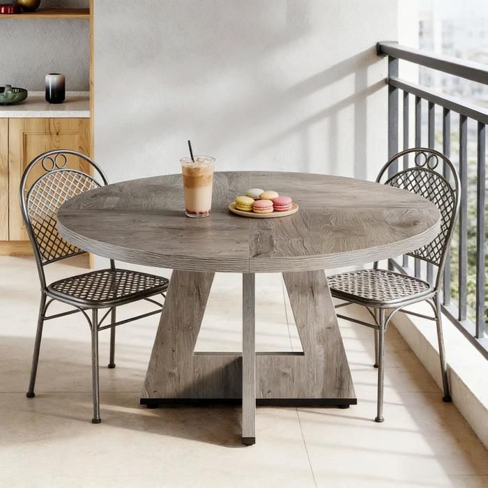 Table à manger ronde campagne - table à manger familiale - bois - diamètre 120cm - gris