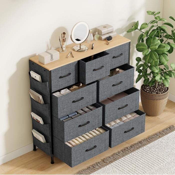 Buffet en tissu avec 9 tiroirs et 4 poches buffet cadre en métal 98 8x30x100 cm gris et noir Buffet en tissu avec 9 tiroirs et 4 poches buffet cadre en métal 98 8x30x100 cm gris et noir