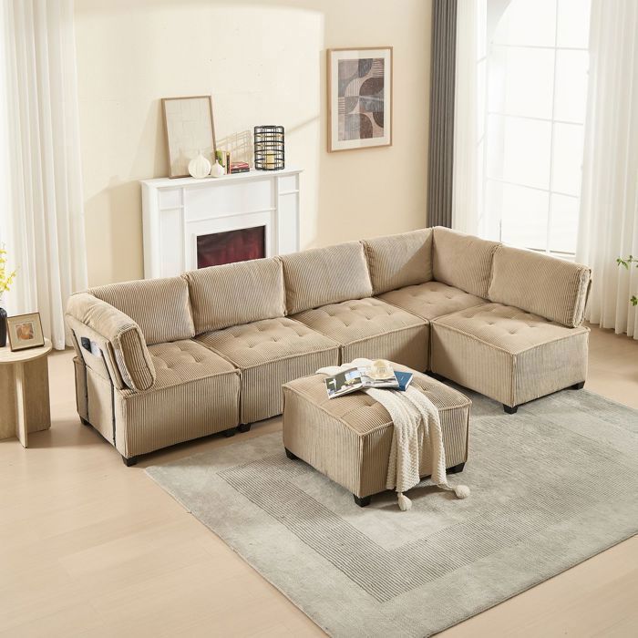 Canapé dangle - SOGEU - 308x154 cm modulable 6 places - Velours côtelé - Coffres de rangement - Réversible